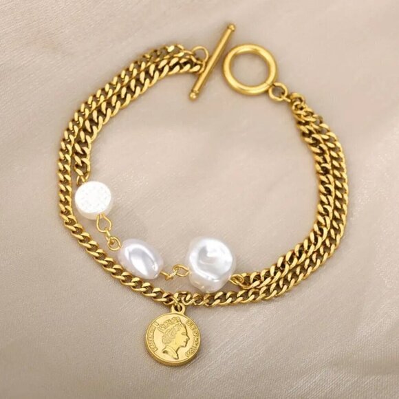 NWT 14K Gold Plated Two Strands Coin Charm Pearl Bracelet 7” - Picture 1 of 13